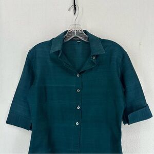 Min Lee M Collection Half Sleeve Button Down Top 100% Silk Womens Medium Green